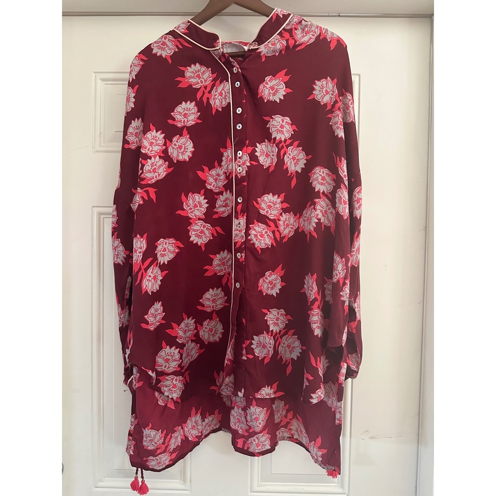 OMIKA Floral Print Tunic Top Shirt Size L Burgundy Pink Modal Silk Trim Tassels